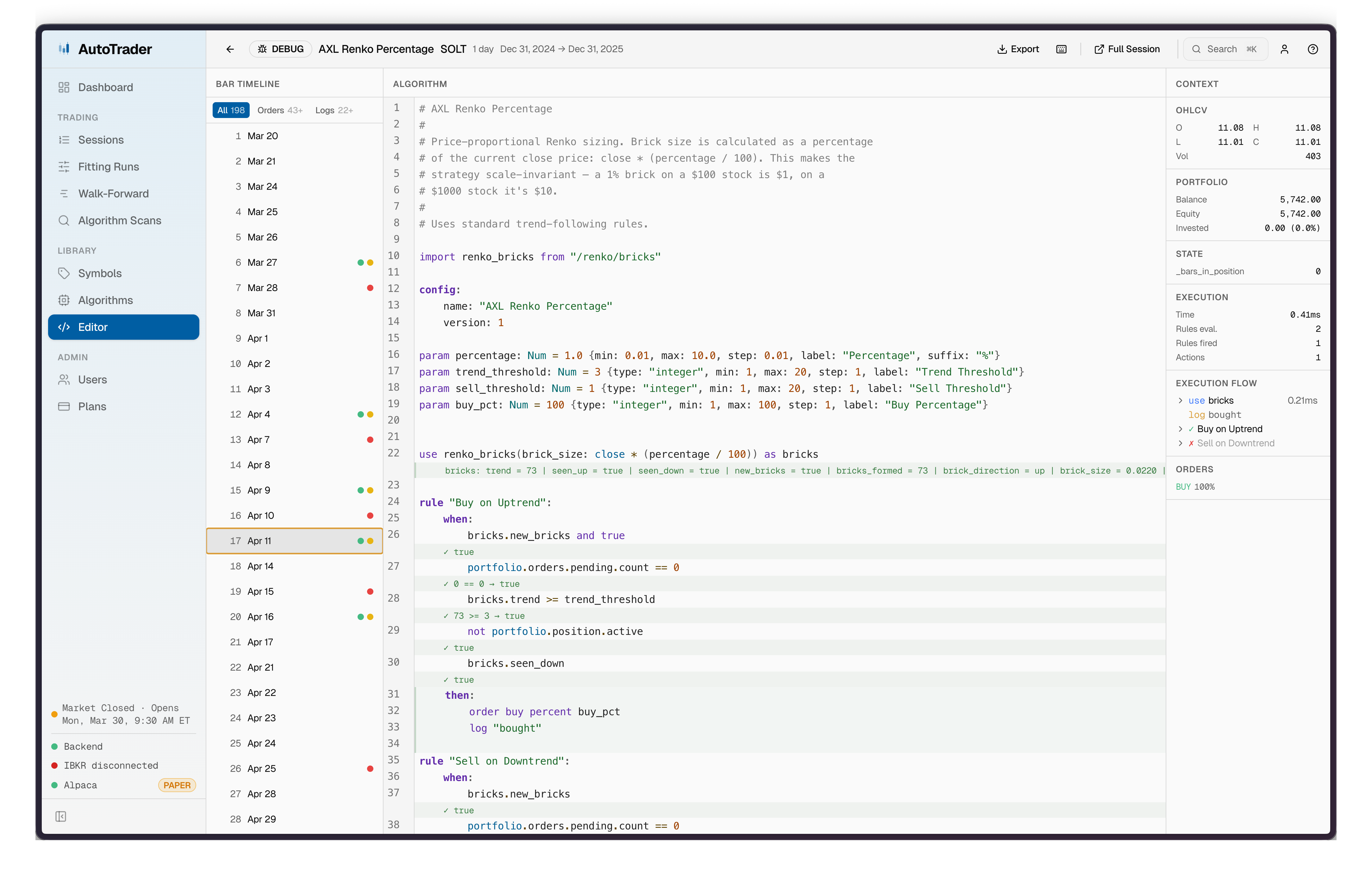 AXL algorithm debug trace